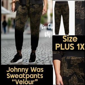 NWT Johnny Was Zuri Modern Velour Sweatpants Black & Butterflies Size Plus 1X